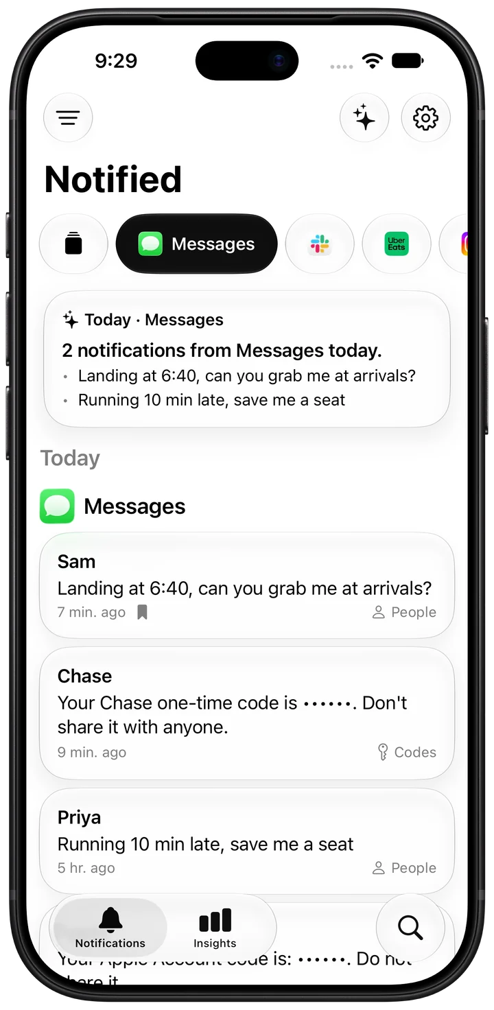 Notified filtered to Messages, with a Today summary above the saved notifications
