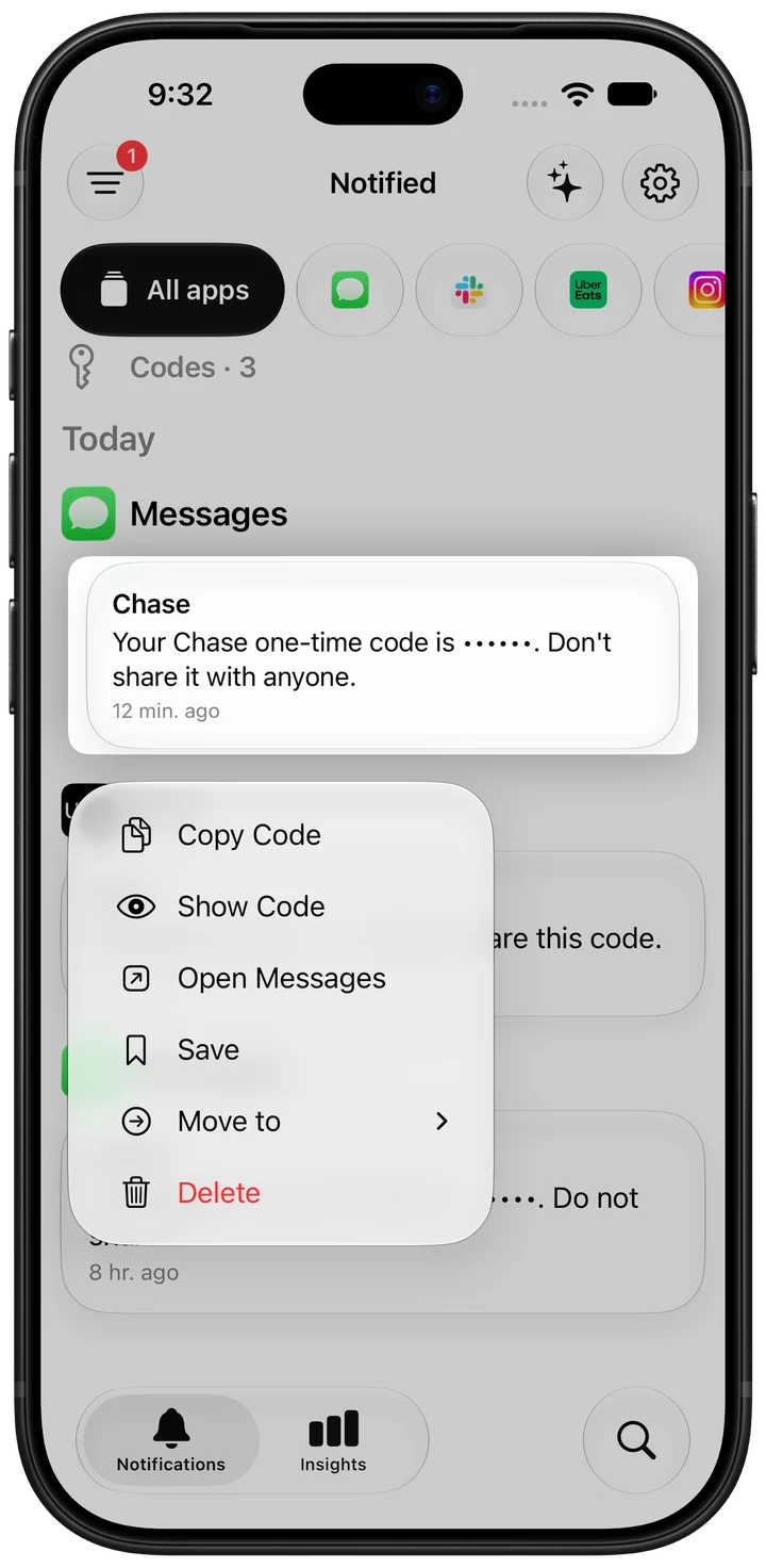 The list filtered to Codes, with Copy Code and Show Code in the long-press menu