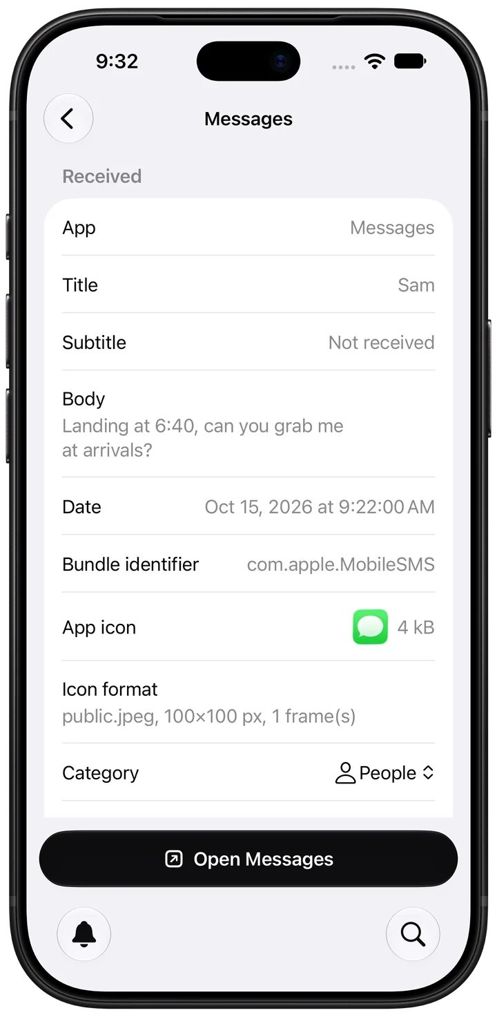 Detail view of a Messages notification with the original text
