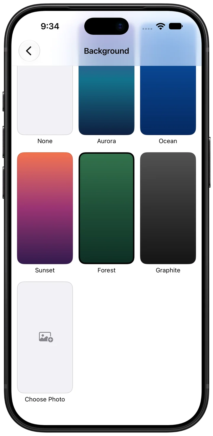 The Background setting with Aurora, Ocean, Sunset, Forest, Graphite and your own photo