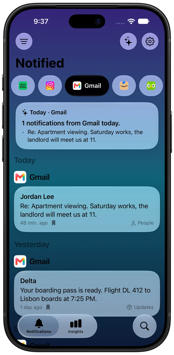 A Today summary for Gmail on the Aurora background
